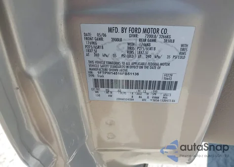 2006 Ford F150 Fx4/Lariat/Xlt из США, поврежденный, VIN 1FTPW14516FB51136